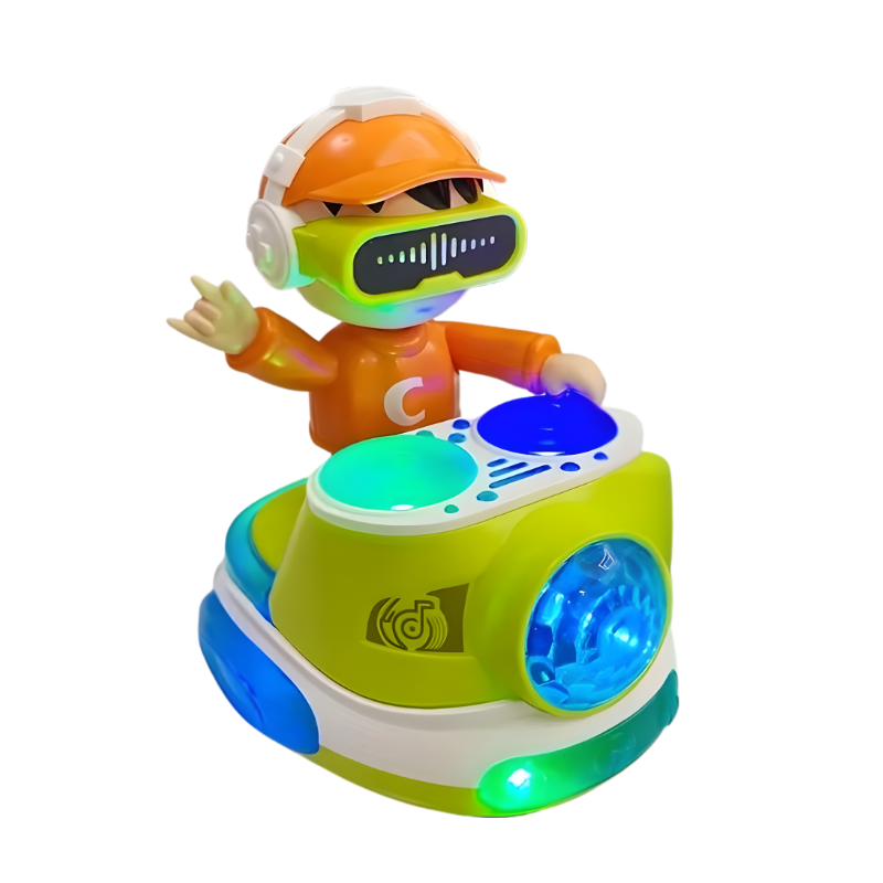 Children gathered around an interactive disco DJ toy, enjoying its lights, sounds, and active dance play.