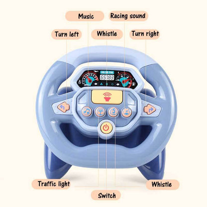 Close-up of a child gripping a steering wheel toy, engaging with buttons and switches.