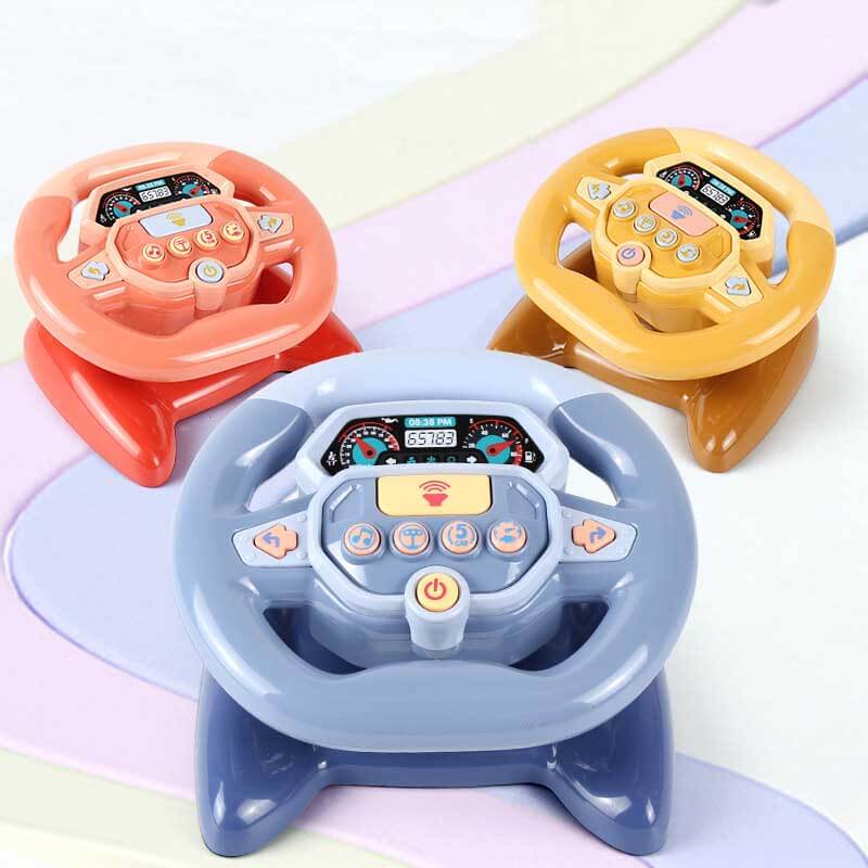 A child's hands on a yellow driving wheel toy, enjoying imaginative car adventures.