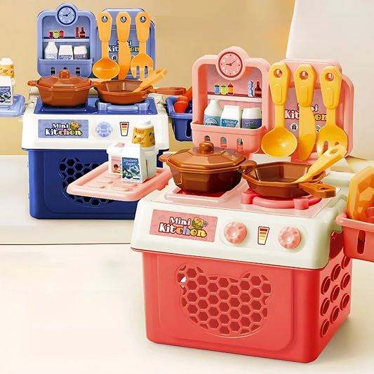 Toddler happily playing with interactive wooden kids play kitchen set, developing motor skills