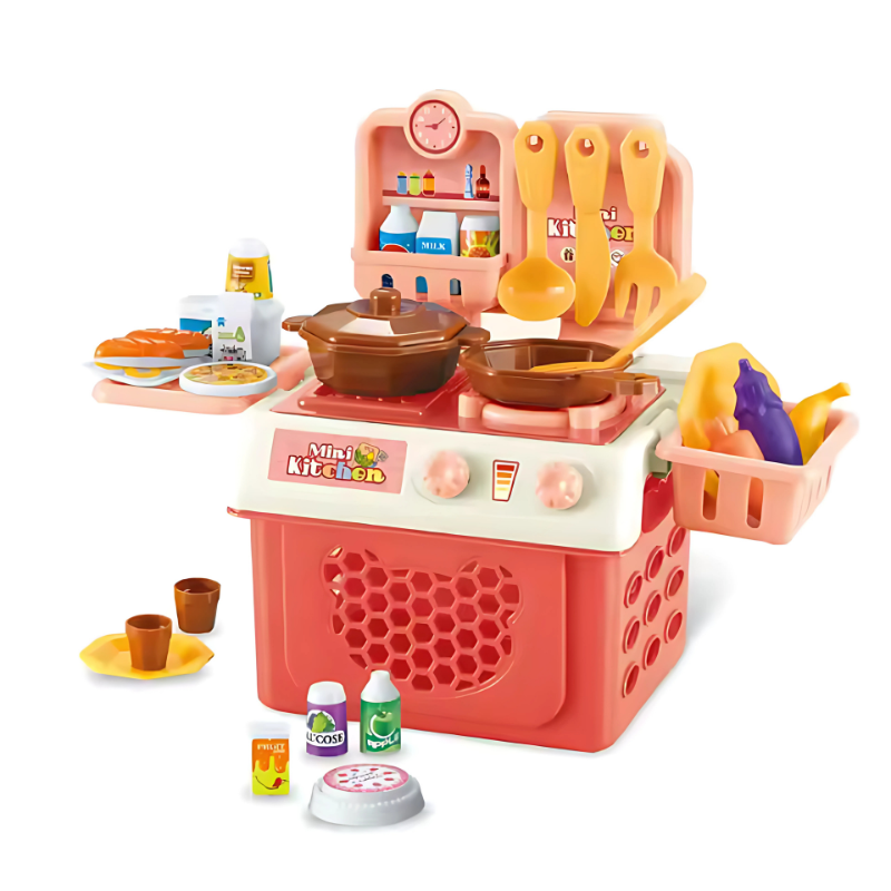 Close-up of a child's hands using the interactive features of a play kitchen set toy