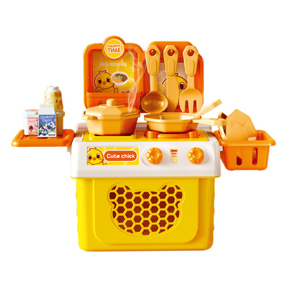 Full view of a vibrant kids play kitchen set, an ideal learning toy for toddlers