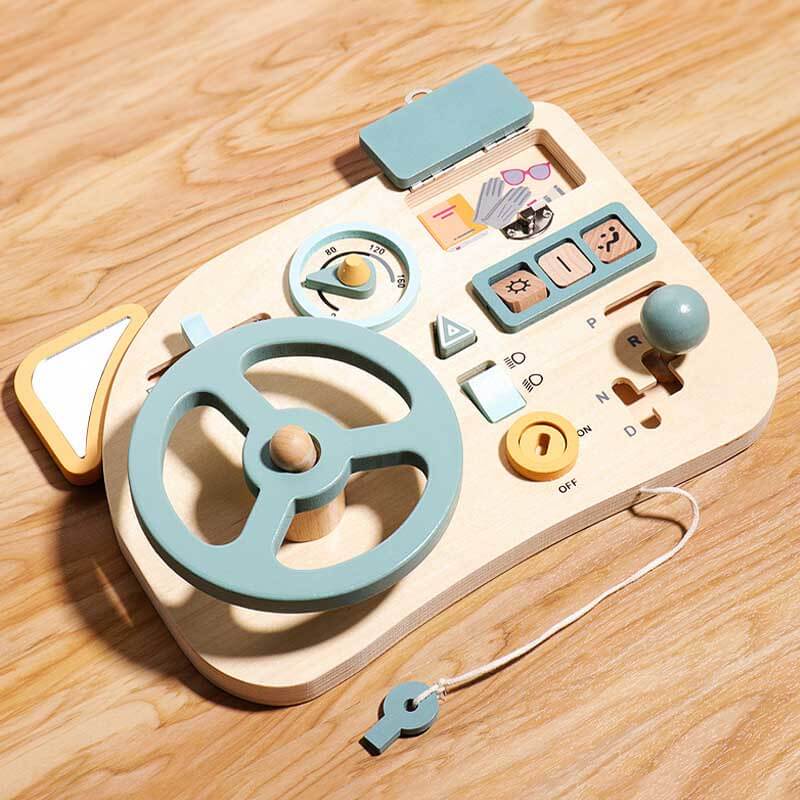 Kids' wooden steering wheel toy with vibrant sensory details, perfect for educational playtime & gifts.