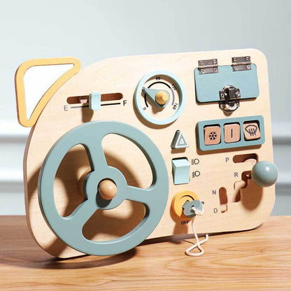 Close-up of a child's hand gripping a durable wooden steering wheel, enhancing fine motor skills.