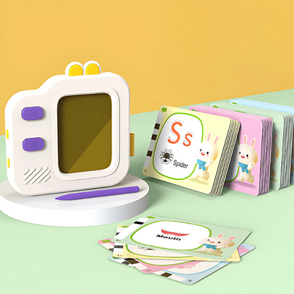Toddler holding interactive talking flashcard machine learning words, early education toy