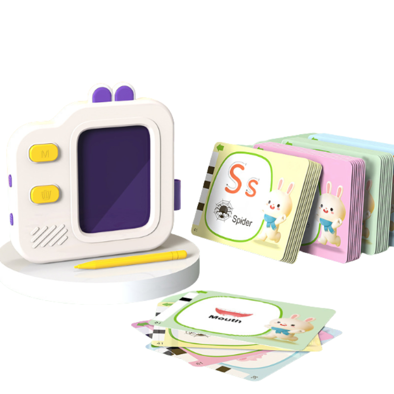 Preschooler playing with educational vocabulary builder flashcards and interactive machine