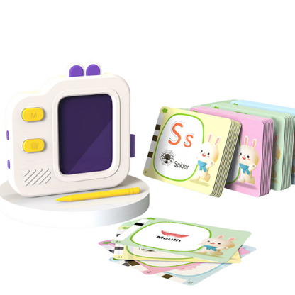 Preschooler playing with educational vocabulary builder flashcards and interactive machine