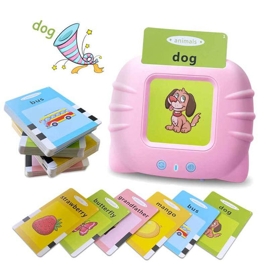Toddler holding interactive talking flashcards learning toy for speech development & early education.