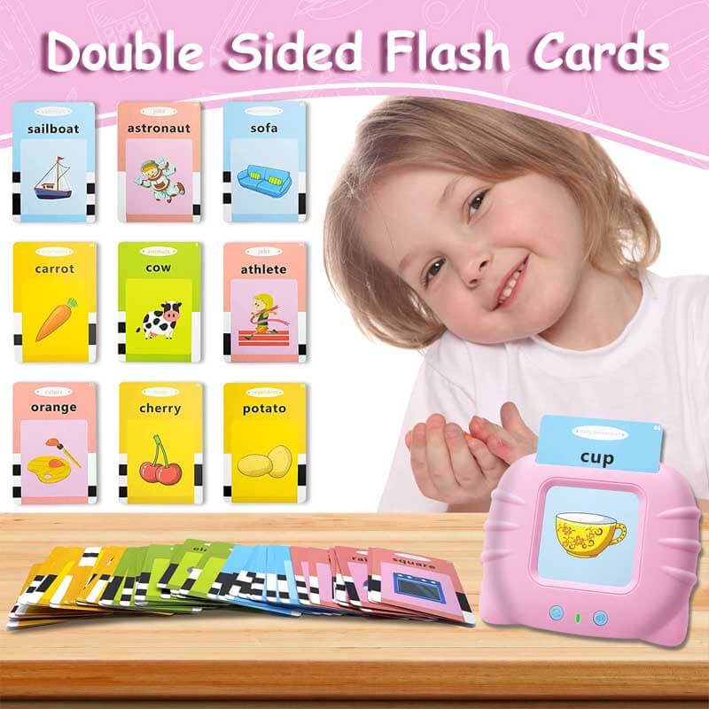 Close-up of a child's hand touching a talking flashcard, an educational toy for vocabulary building.