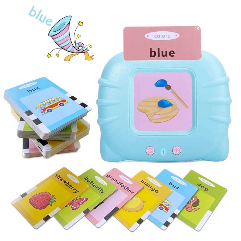 Kid's hands sorting interactive talking flashcards, an educational toy for young learners.