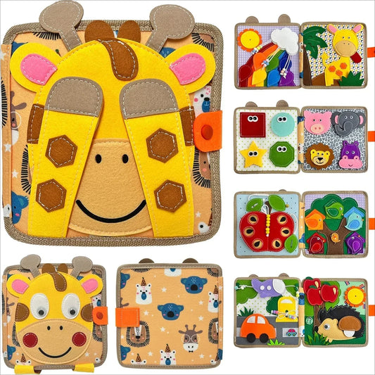 Toddler holding open a felt animal activity book, engaging with a colorful sensory page.