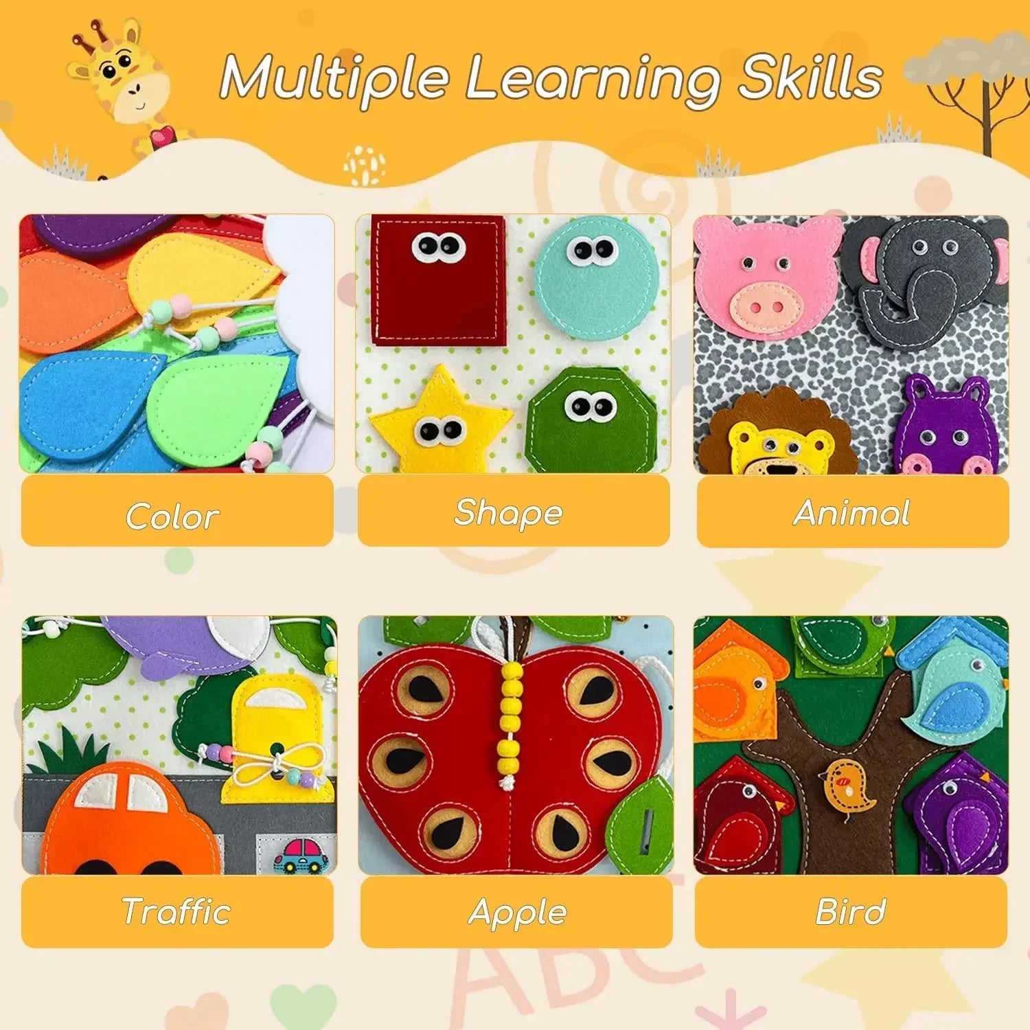 Close-up of a vibrant felt lion page in a toddler sensory activity book, promoting fine motor skills.