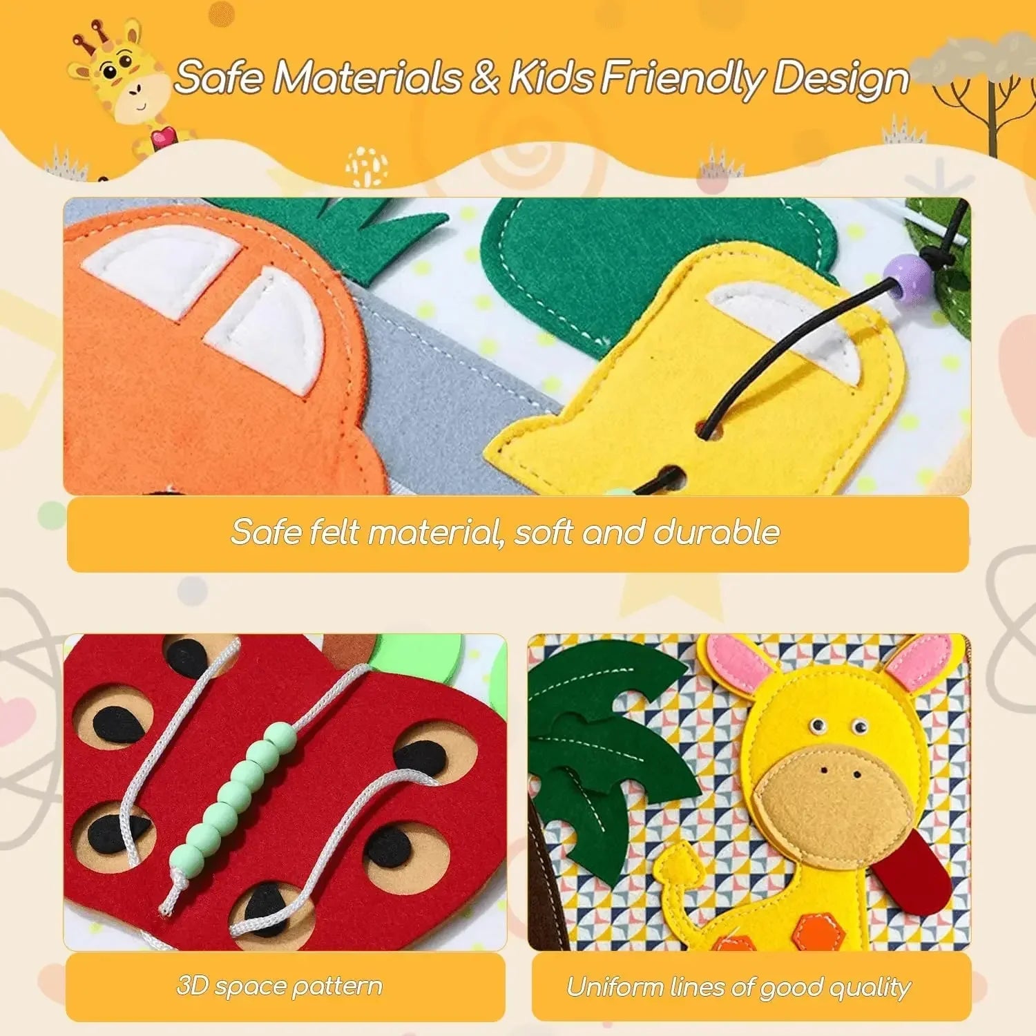 Child's hands exploring different textured felt animals in an educational quiet book for early learning.