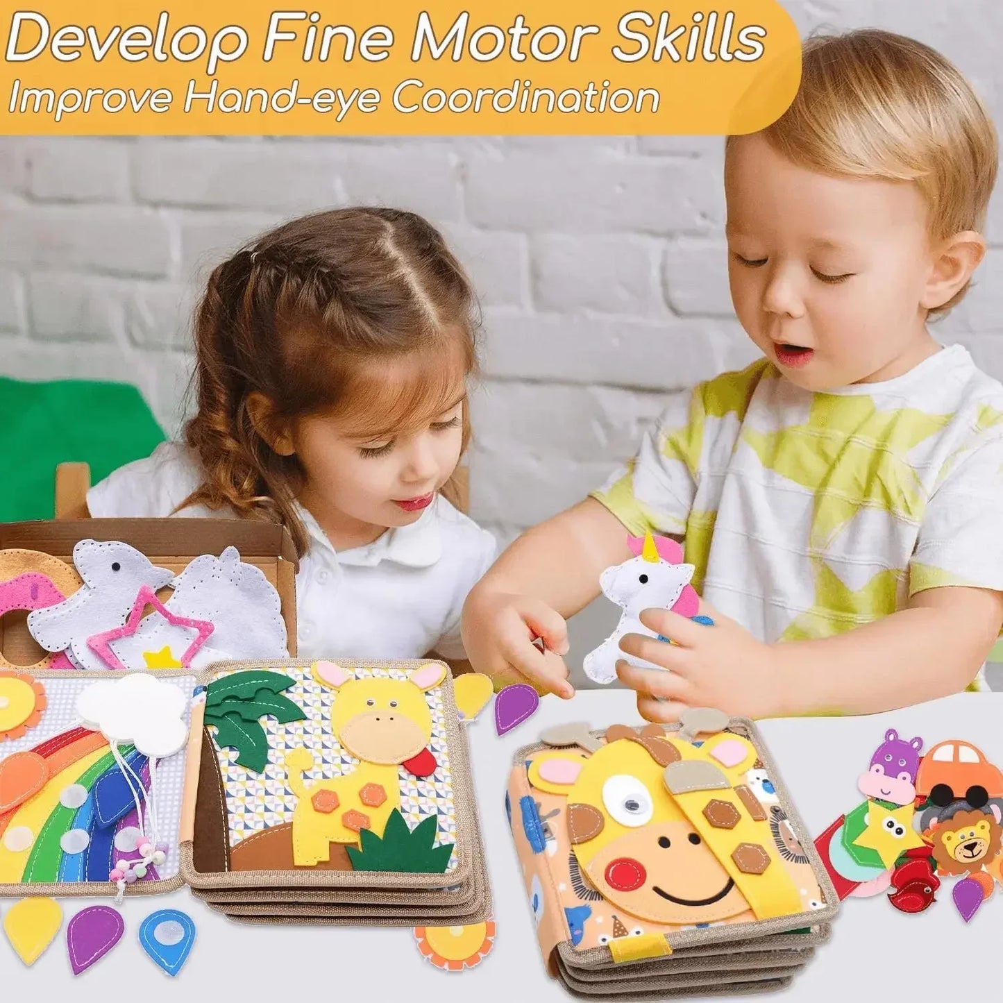 Portable felt animal activity book for toddlers, ideal as a travel toy to keep kids entertained.