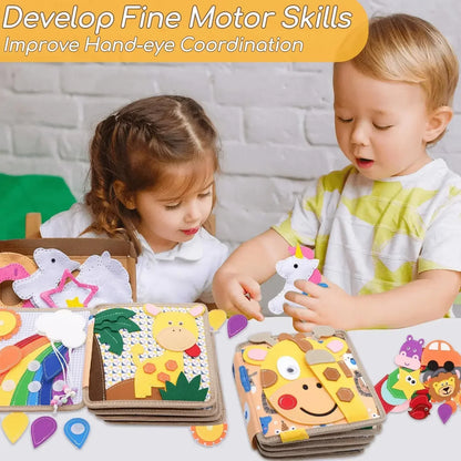 Portable felt animal activity book for toddlers, ideal as a travel toy to keep kids entertained.