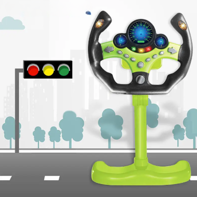 Toddler holds interactive driving wheel toy with lights & sounds, pretend play simulation for kids.