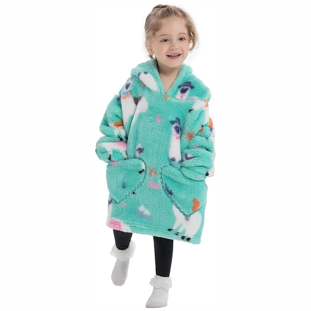 Toddler hooded blanket with sleeves & pockets, soft sherpa fleece, cozy kids poncho for warmth