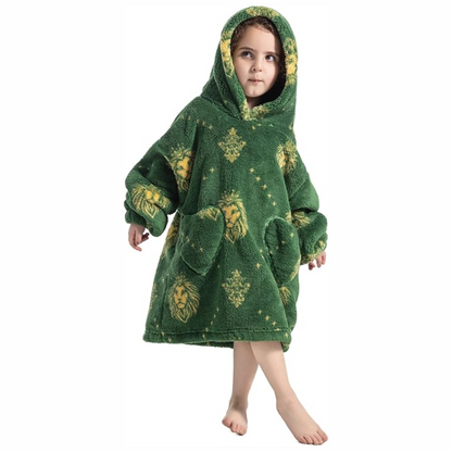 Close-up of Sherpa fleece texture on toddler hooded blanket with sleeves & pockets, ultimate comfort