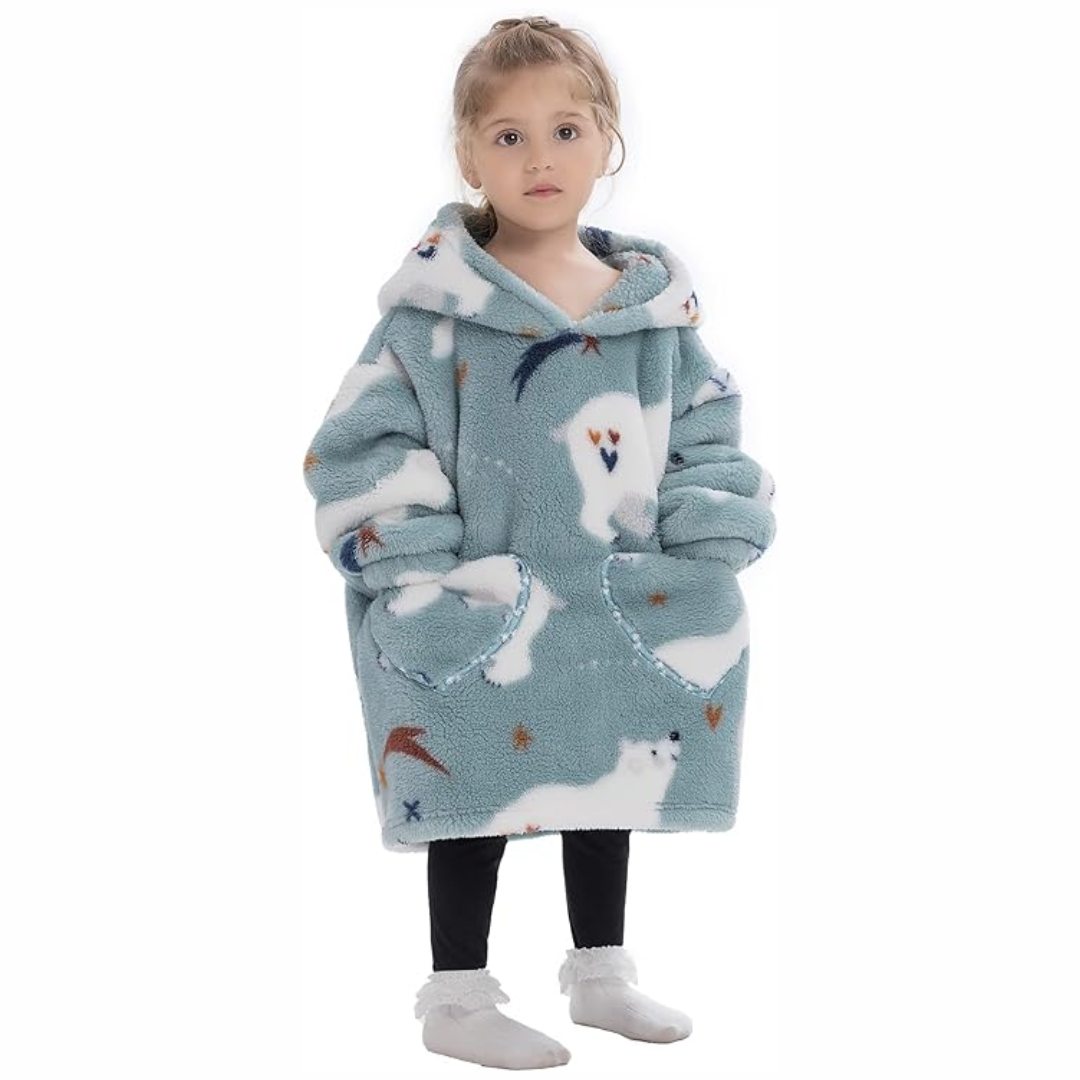 Green hooded toddler blanket with sleeves & pockets, durable Sherpa fleece, perfect for play