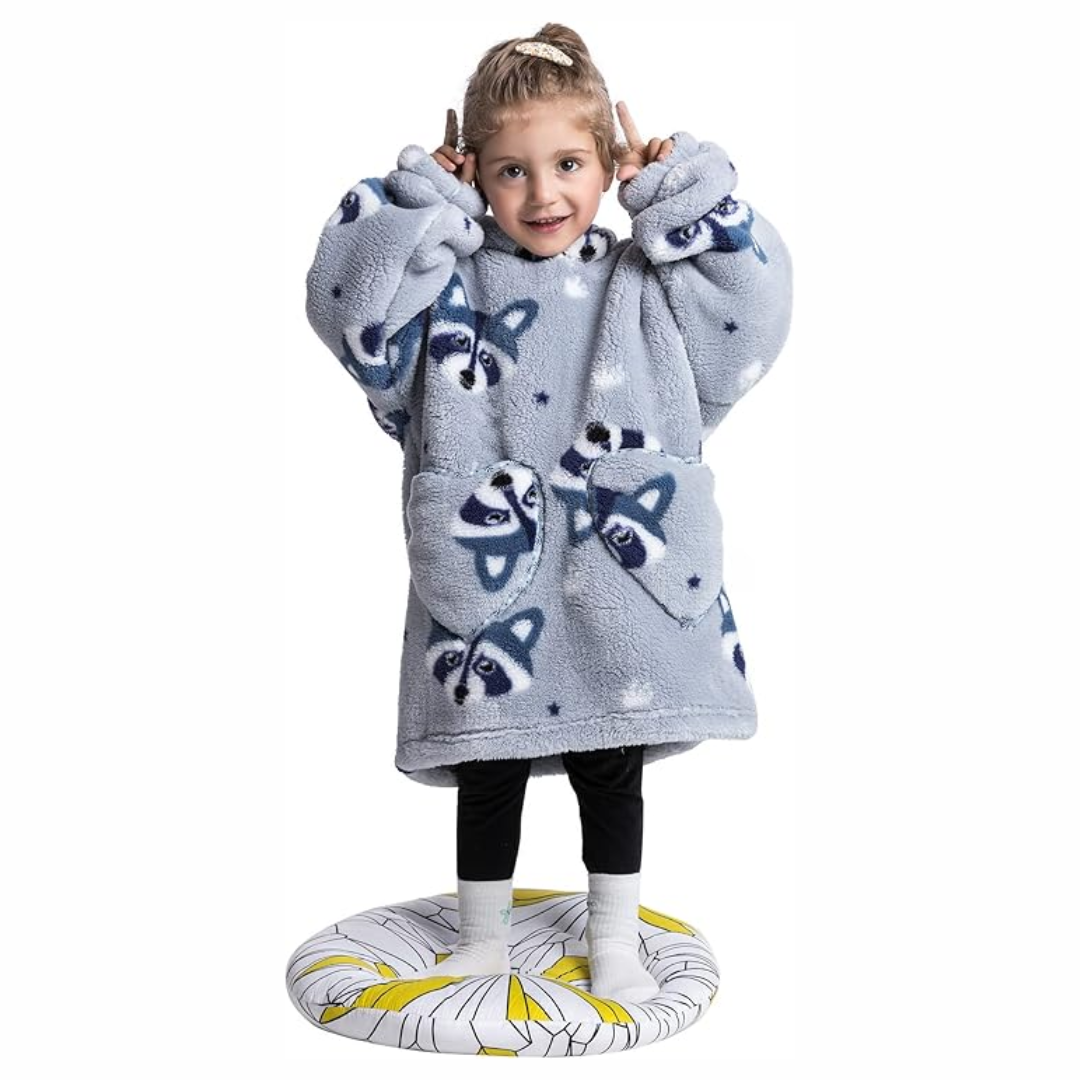 Hooded toddler blanket with sleeves & pockets, made from luxurious Sherpa fleece, easy to wear