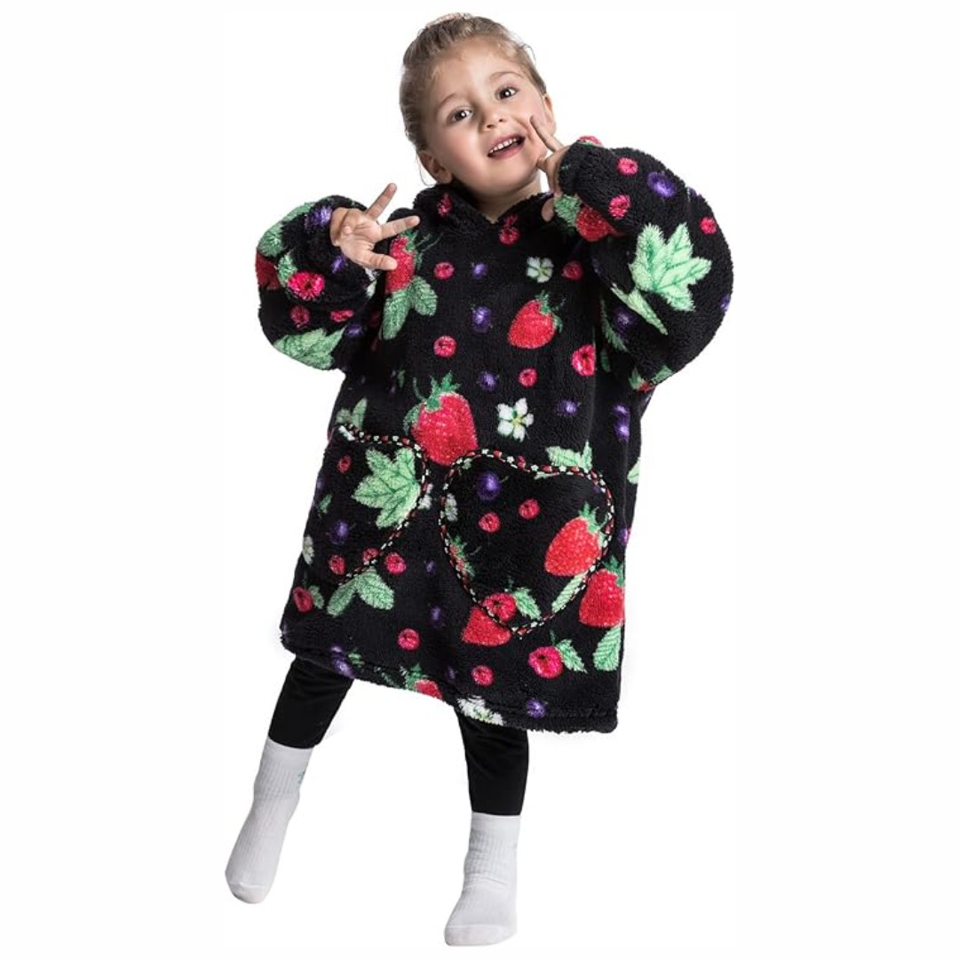 Back view of toddler hooded blanket with sleeves, showing generous hood, soft Sherpa fleece warmth