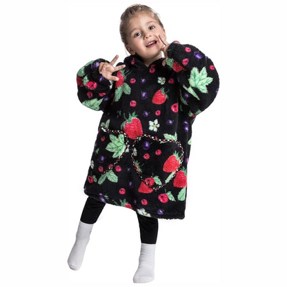 Back view of toddler hooded blanket with sleeves, showing generous hood, soft Sherpa fleece warmth