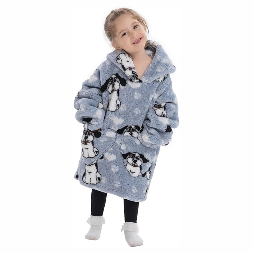 Adorable toddler walking in hooded blanket with sleeves & pockets, cozy Sherpa fleece, freedom of movement