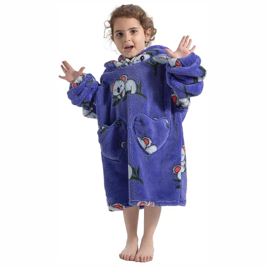 Toddler hooded blanket with sleeves & pockets, features fun star pattern, warm Sherpa fleece fabric