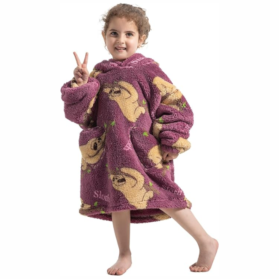 Red hooded toddler blanket with sleeves & pockets, premium Sherpa fleece for ultimate warmth