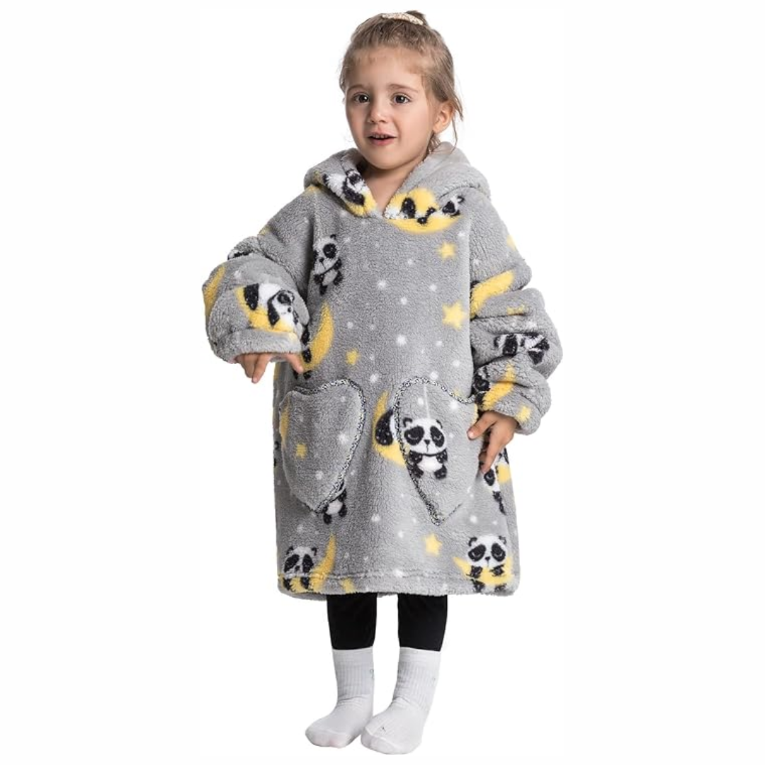 Happy toddler playing in hooded blanket with sleeves & pockets, soft Sherpa fleece, vibrant colors