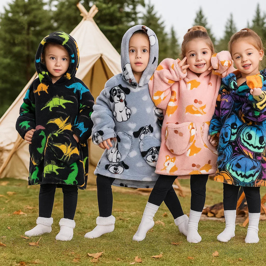 Aqua blue toddler hooded blanket with sleeves, Sherpa fleece, functional pockets, baby winter wrap