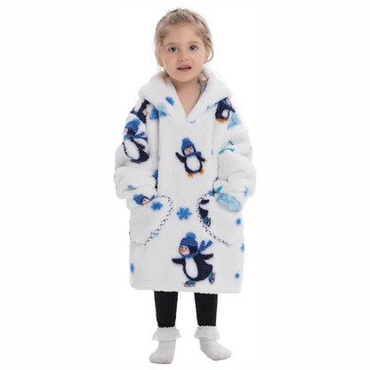 Brown hooded toddler blanket with sleeves & pockets, rustic design, soft Sherpa fleece comfort