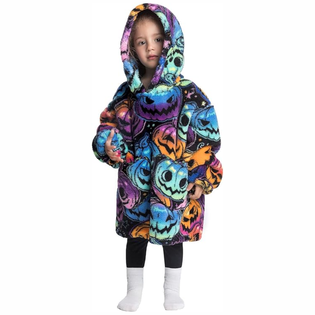 Multi-color striped hooded toddler blanket with sleeves & pockets, cozy Sherpa fleece, fun design