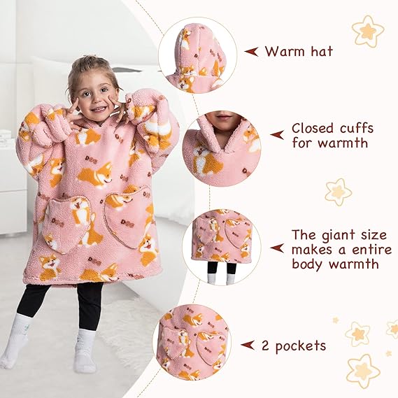 Pink hooded blanket for toddlers with sleeves and convenient pockets, warm Sherpa fleece kids wear