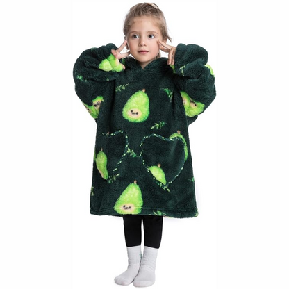 Gray toddler hooded blanket with full sleeves & front pockets, thick Sherpa fleece winter essential