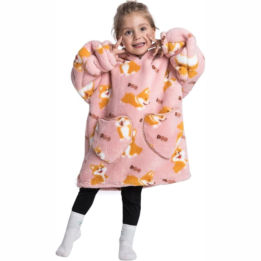 Playful animal print hooded toddler blanket, Sherpa fleece with sleeves & pockets, comfy kids poncho