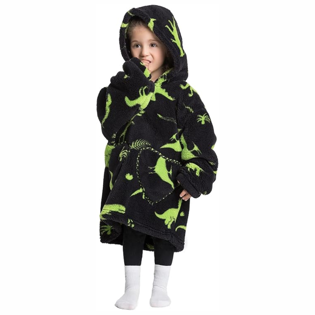 Toddler in a cozy hooded blanket with sleeves & pockets, Sherpa fleece in vibrant yellow hue