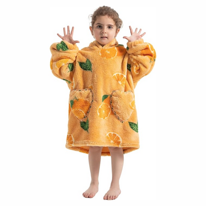 Side view of toddler hooded blanket with sleeves, showing deep pockets, soft Sherpa fleece texture