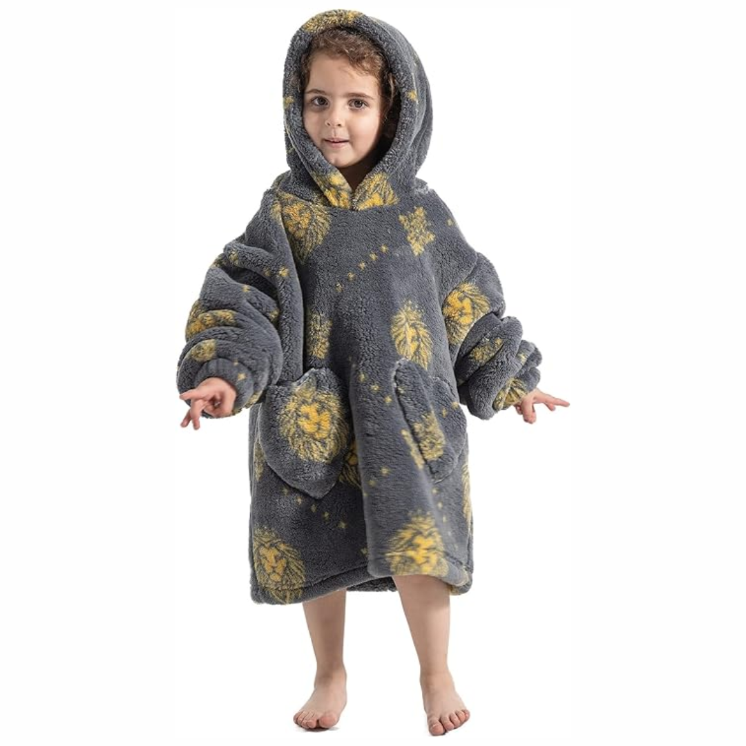 Folded toddler hooded blanket with sleeves & pockets, ready for travel, warm Sherpa fleece material
