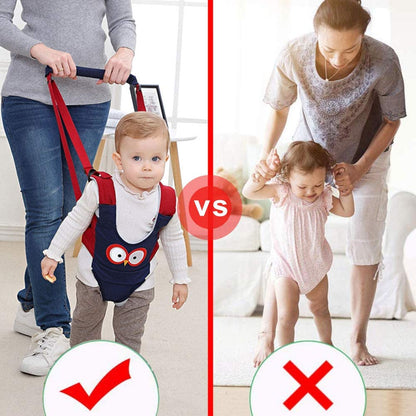 Happy toddler using a walking aid harness outdoors, taking first steps with parental guidance.