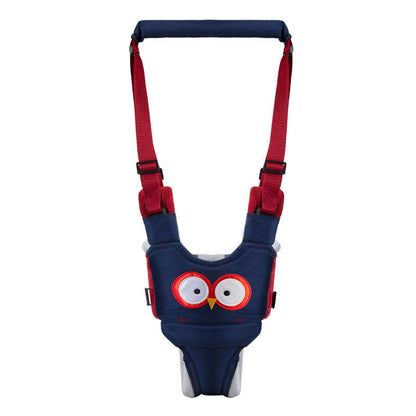 Parent holding the handle of a toddler walking harness, assisting their child learning to walk.