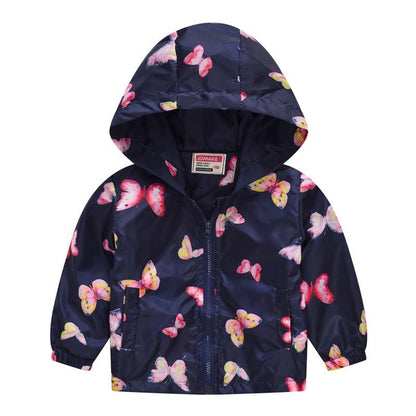 Kids' floral hooded windbreaker jacket, folded neatly, showing its compact and travel-friendly nature.
