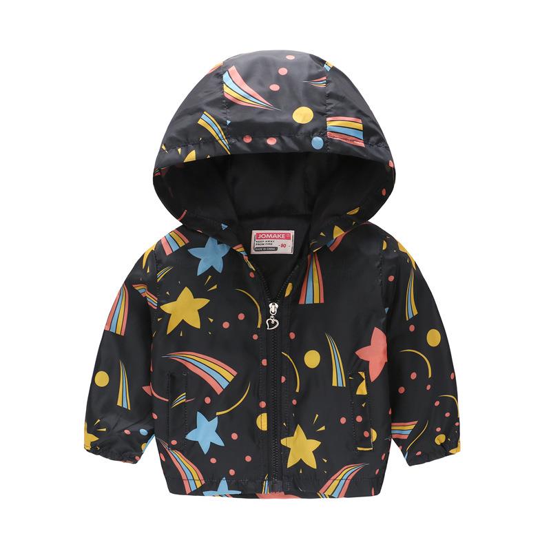 Front view of a boys' or girls' floral hooded windbreaker jacket with zipper, spring/fall outerwear.