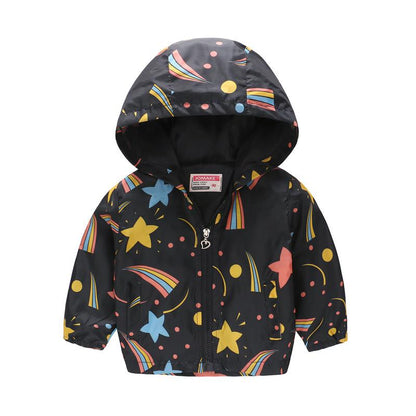 Front view of a boys' or girls' floral hooded windbreaker jacket with zipper, spring/fall outerwear.