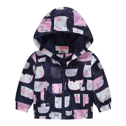 Back view of a children's floral windbreaker jacket with hood, ideal for toddler spring clothing.