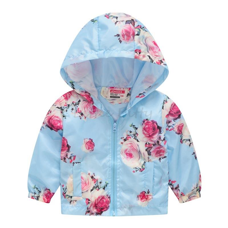 Kids' floral hooded windbreaker jacket, displayed flat, showing full design and elastic cuffs.