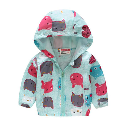 Zipper detail on a kids' floral polyester hooded jacket, durable and warm spring/fall outerwear.