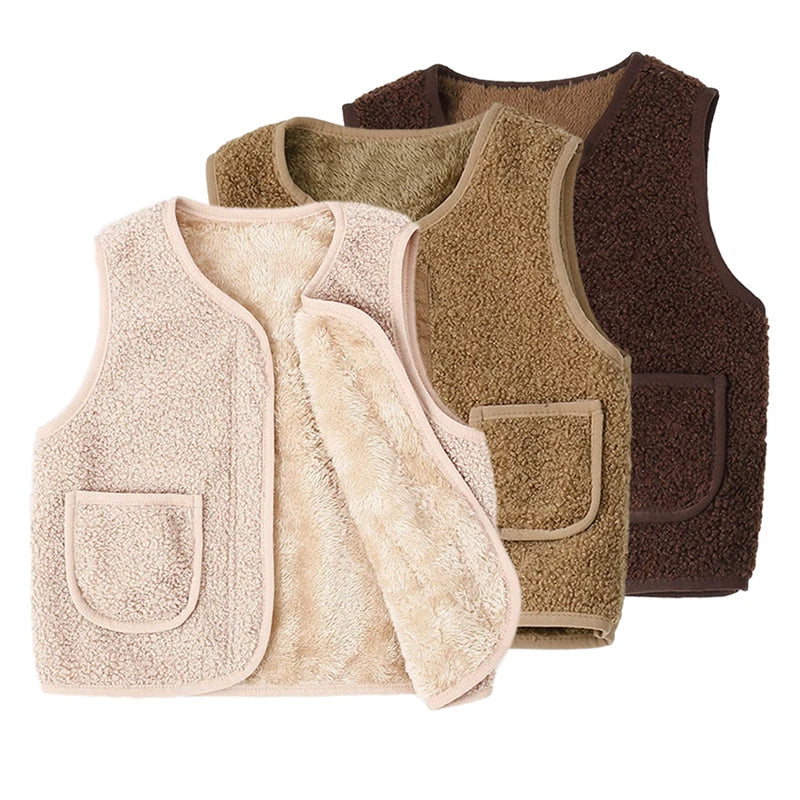 Toddler in a cozy cream lambswool cardigan vest, perfect for winter layering and warmth on a cold day.