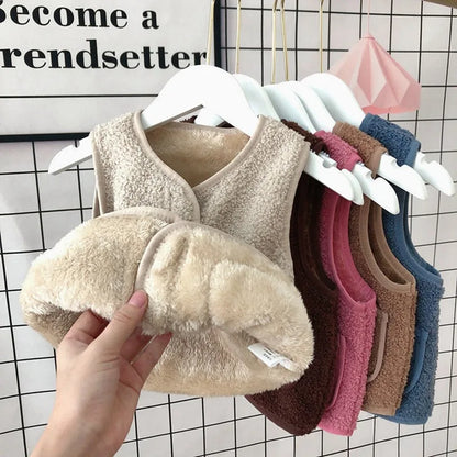 Unisex children's lambswool cardigan vest with buttons, a comfortable and stylish winter outerwear option.