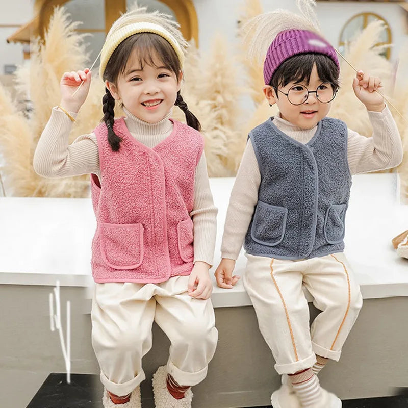 Close-up of the soft texture on a beige lambswool vest for toddlers, highlighting its warmth and quality.